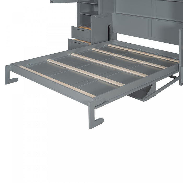 Lit Escamotable Joyce Format Queen Avec Tiroirs Et Etageres - Gris