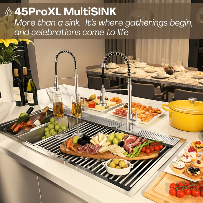 Evier poste de travail MultiSINK 45 po, double pose, 3 niveaux, robinets, rince-verre, inox - J-WP31