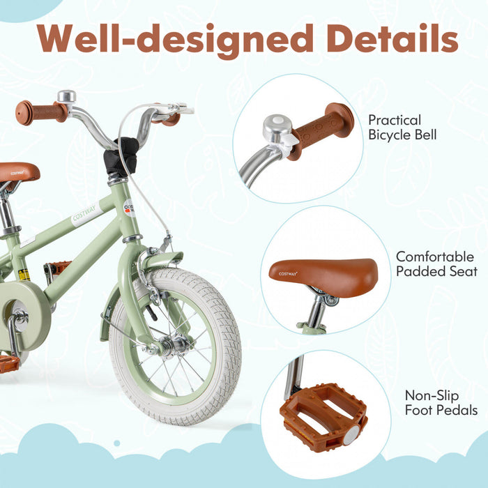 Costway 12\" Velo Pour Enfants Avec Guidon De Selle Reglable Roues D'entrainement Amovibles Frein A Main Vert