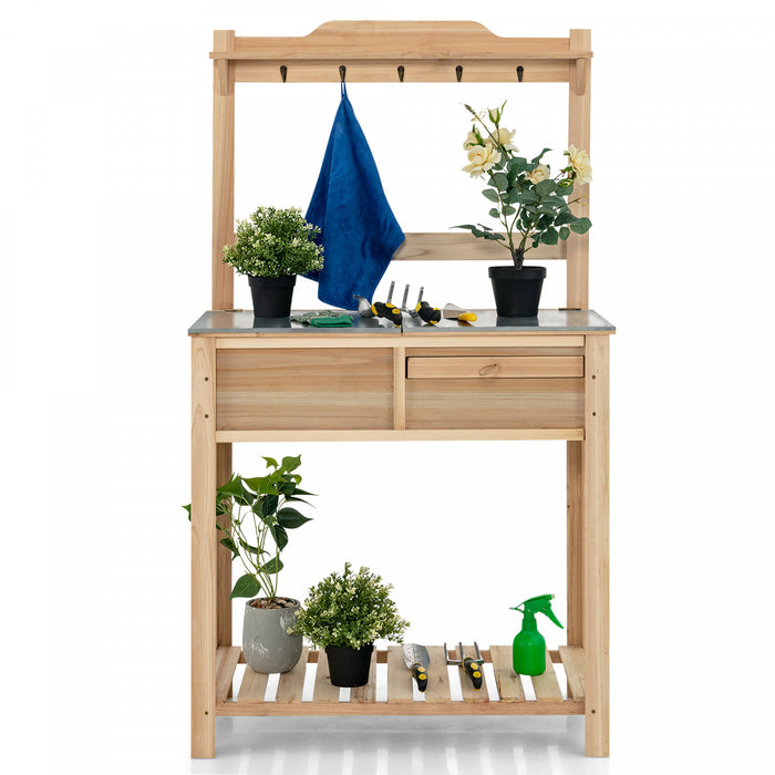 Station De Travail En Bois De Table En Bois De Jardin En Plein Air Costway W/metal Top Open Shelf