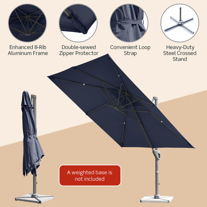 Costway Parasol cantilever 10x10 ft pour terrasse, aluminium, rotation 360°, inclinable, bleu marine