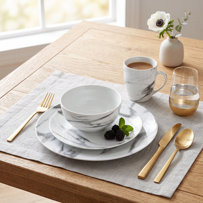 Ensemble de Vaisselle 16 Morceaux en Porcelaine Effet Marbre, Service de Table Moderne pour 4 Personnes