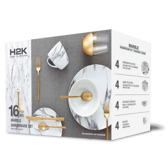Ensemble de Vaisselle 16 Morceaux en Porcelaine Effet Marbre, Service de Table Moderne pour 4 Personnes