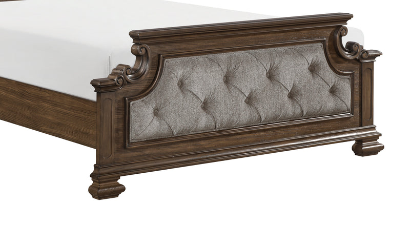 Lit à panneaux Ambrose en bois et en tissu avec tête de lit et cadre de lit, brun - format très grand lit