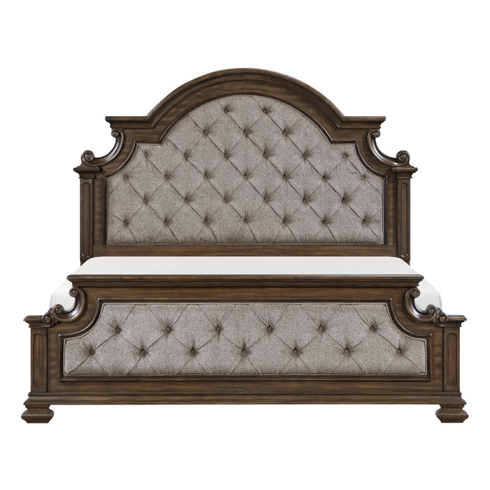 Lit à panneaux Ambrose en bois et en tissu avec tête de lit et cadre de lit, brun - format très grand lit