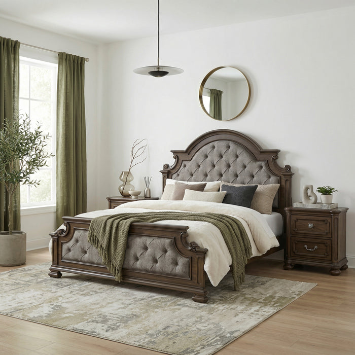 Lit à panneaux Ambrose en bois et en tissu avec tête de lit et cadre de lit, brun - format très grand lit