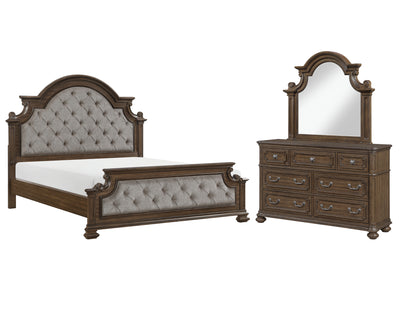 Ambrose 5pc Bedroom Set with Bed, Dresser & Mirror, Wooden, Fabric, Brown - King Size | Ensemble de chambre à coucher Ambrose 5 pièces en bois et en tissu avec lit, commode et miroir, brun - format très grand lit
