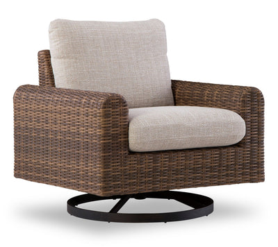 Banff Outdoor Patio Swivel Chair - Resin Wicker, Aluminum & Nuvella Fabric - Brown/Beige | Fauteuil pivotant Banff pour la terrasse à l’extérieur - osier en résine, aluminium et tissu NuvellaMD - brun et beige