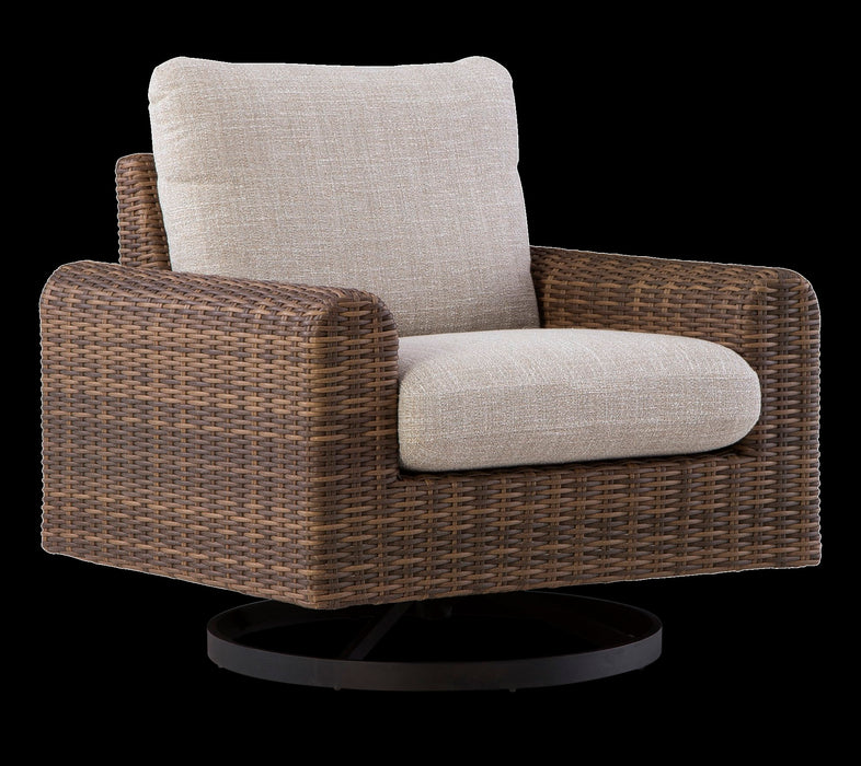 Fauteuil pivotant Banff pour la terrasse à l’extérieur - osier en résine, aluminium et tissu NuvellaMD - brun et beige