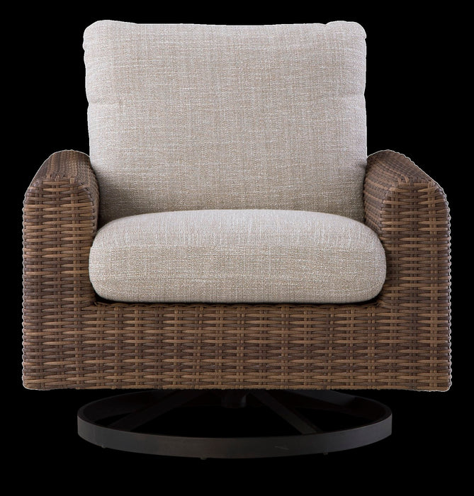 Fauteuil pivotant Banff pour la terrasse à l’extérieur - osier en résine, aluminium et tissu NuvellaMD - brun et beige