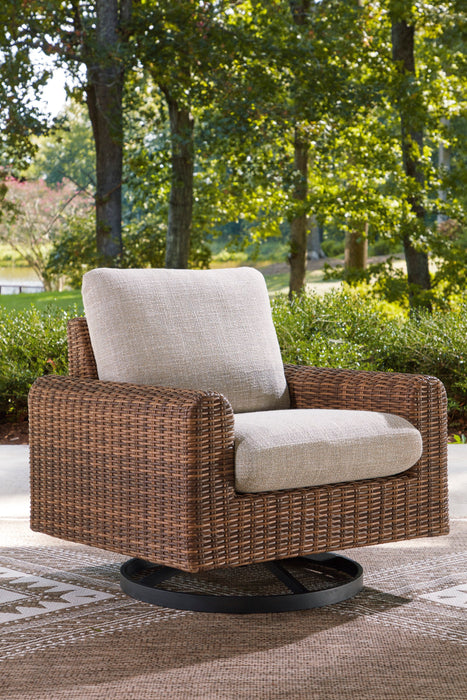 Fauteuil pivotant Banff pour la terrasse à l’extérieur - osier en résine, aluminium et tissu NuvellaMD - brun et beige