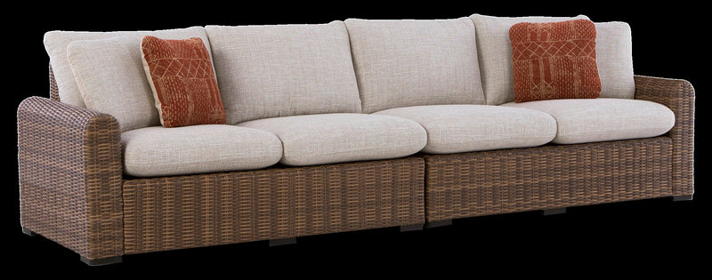 Causeuses de droite et de gauche Banff pour la terrasse à l’extérieur, ensemble de 2 - osier en résine et tissu Nuvella - brunes et beige