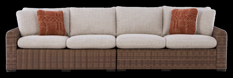 Causeuses de droite et de gauche Banff pour la terrasse à l’extérieur, ensemble de 2 - osier en résine et tissu Nuvella - brunes et beige