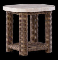  Table de bout Banff pour la terrasse à l’extérieur - osier en résine et aluminium, résistante aux intempéries - brune et beige