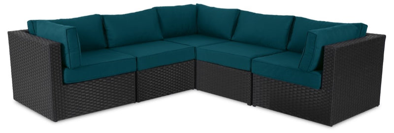 Ensemble Barbados 5 pièces pour la terrasse à l’extérieur avec 3 fauteuils en coin et 2 fauteuils sans accoudoirs - osier en résine tressé à la main, résistant aux rayons UV et aux intempéries - noir et bleu