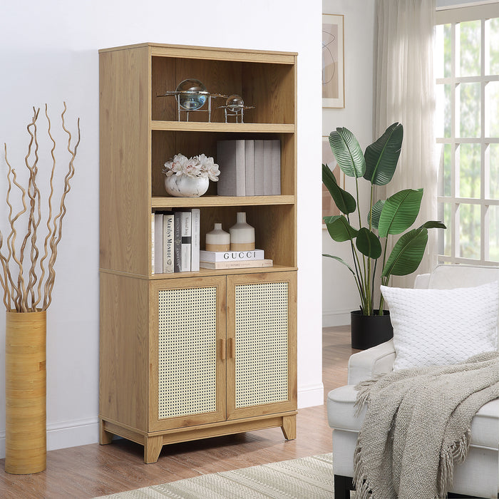 Bibliothèque moderne Sheridan de Manhattan Comfort avec cannage et tablettes réglables - naturelle