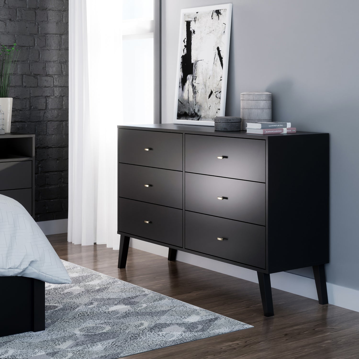 Commode 6 Tiroirs GLARODI - Noir Et Naturel Clair, 124x40x75 Cm, Tiroirs Coulissants Push-to-open, Piètement Métal - 6