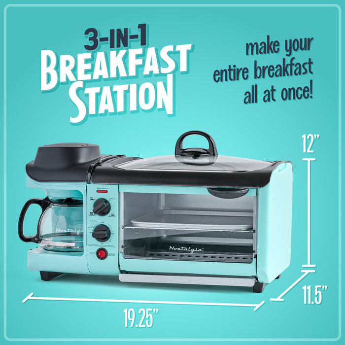 Station déjeuner rétro 3 en 1 de format familial de Nostalgia avec four grille-pain turquoise - BST3AQ
