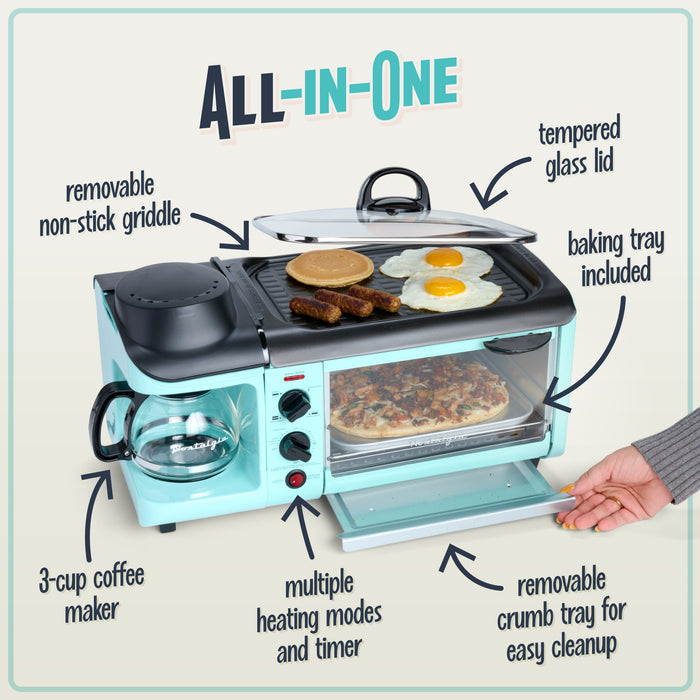 Station déjeuner rétro 3 en 1 de format familial de Nostalgia avec four grille-pain turquoise - BST3AQ