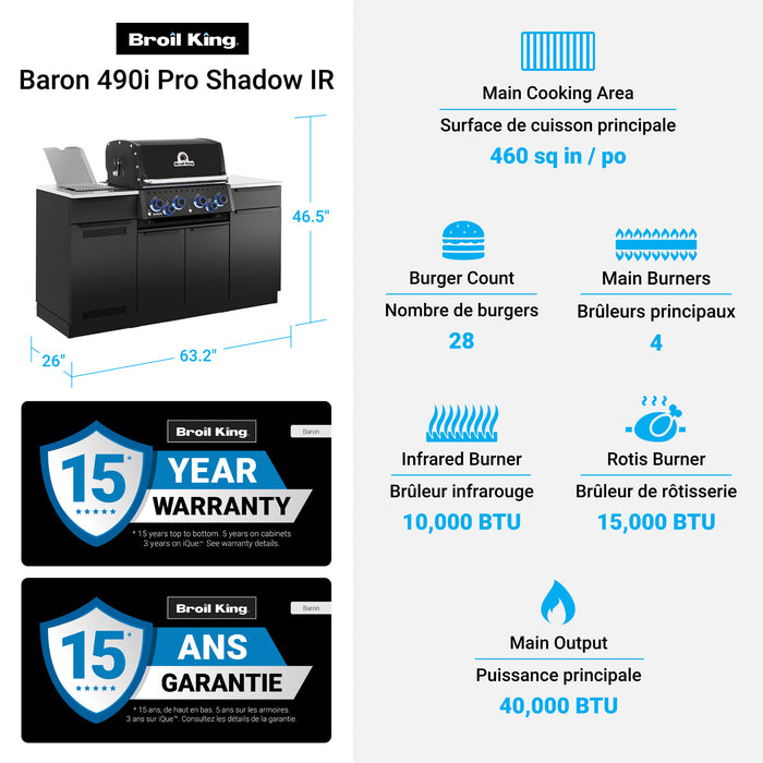 Broil King Baron 490i Shadow 4-bruleurs 40 000 BTU Barbecue a gaz propane encastre - 875844