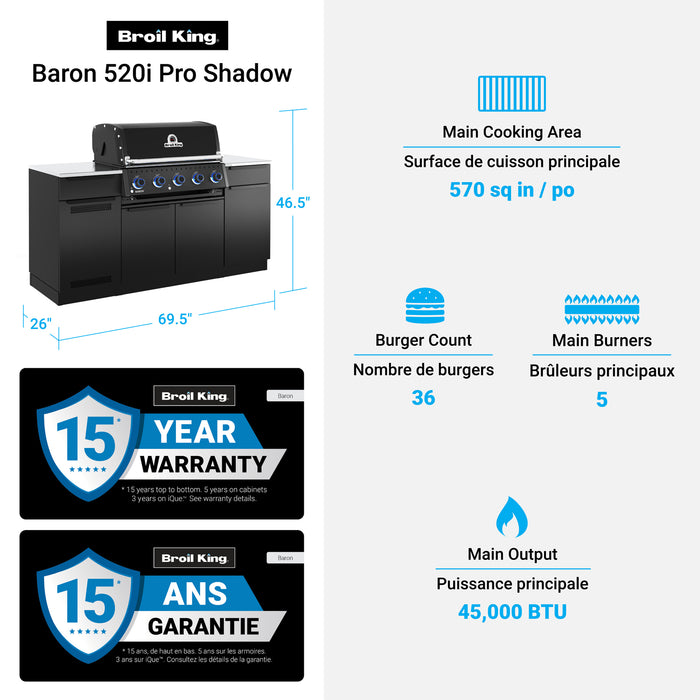 Broil King Baron 520i Shadow 4-bruleurs 45 000 BTU Barbecue a gaz naturel encastre - 876817