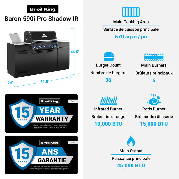 Broil King Baron 590i Shadow 5-bruleurs 45 000 BTU Barbecue a gaz naturel encastre - 876847