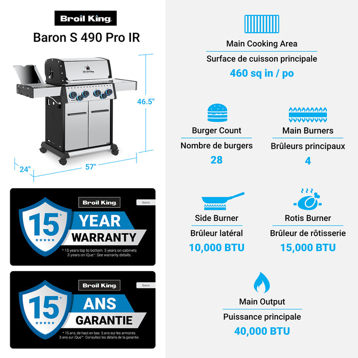 Broil King Baron S 490 Pro IR 4-bruleurs 40 000 BTU Barbecue a gaz propane - 677344