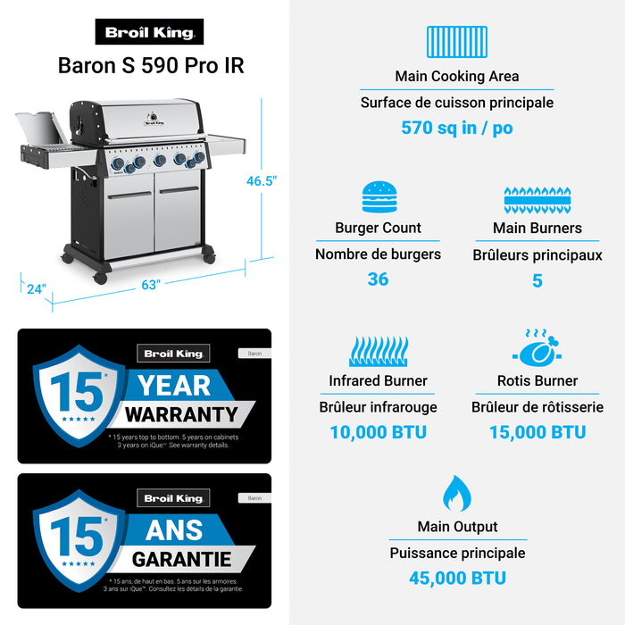 Broil King Baron S 590 Pro IR 5-bruleurs 45 000 BTU Barbecue a gaz naturel - 678347