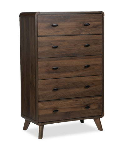 Cami Bedroom Chest of Drawers, 5-Drawer, Mid-Century Modern, 31.5"W x 50"H – Brown | Commode verticale de chambre à coucher moderne du milieu du 20e siècle Cami de 31,5 po (L) x 50 po (H) à 5 tiroirs - brune