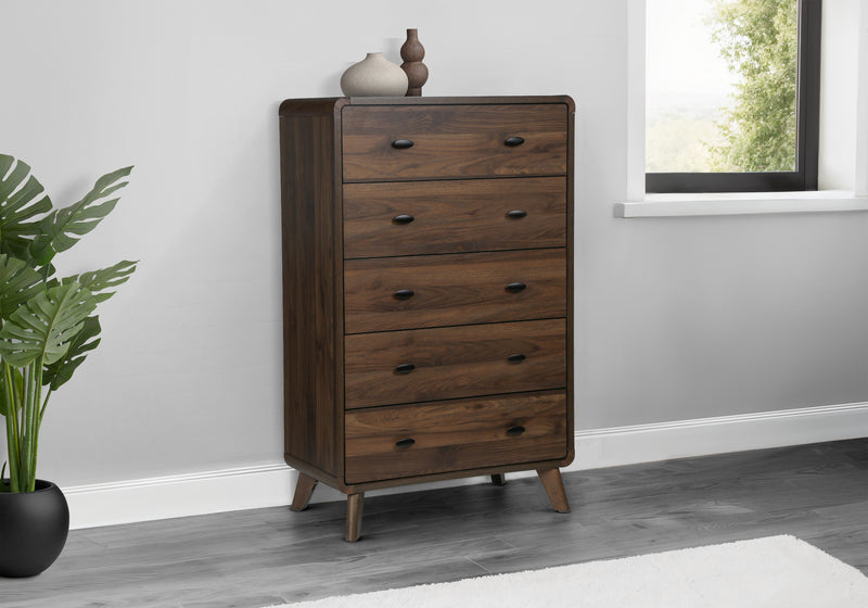Commode verticale de chambre à coucher moderne du milieu du 20e siècle Cami de 31,5 po (L) x 50 po (H) à 5 tiroirs - brune