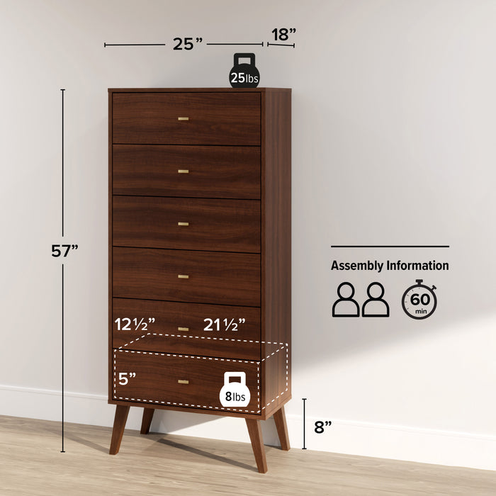 Commode verticale haute Milo à 6 tiroirs - cerisier
