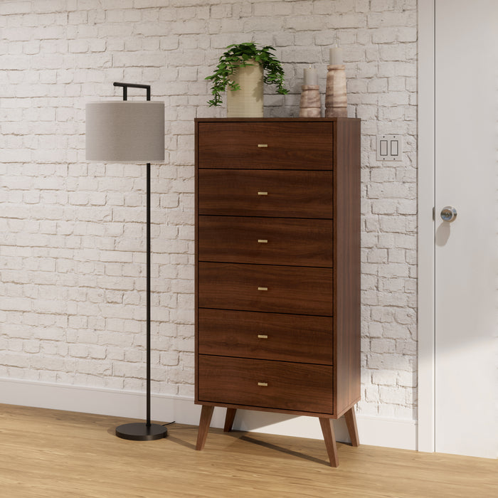 Commode verticale haute Milo à 6 tiroirs - cerisier