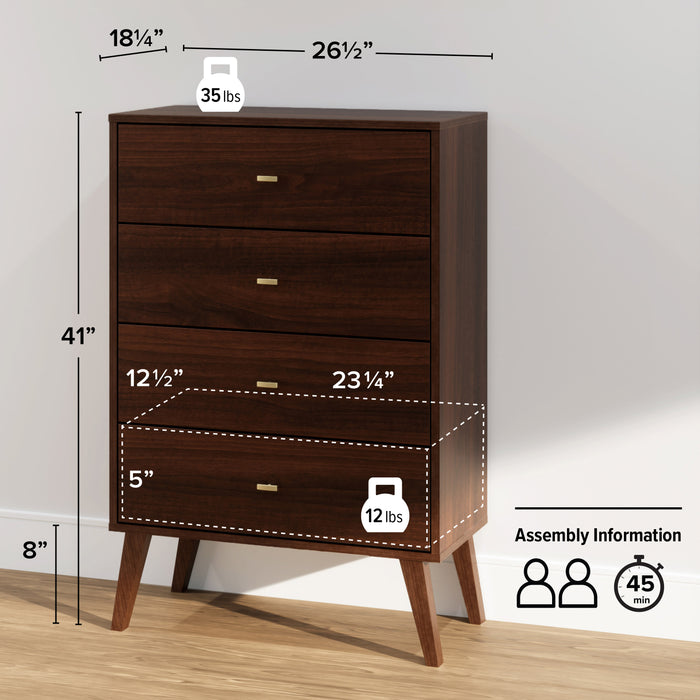 Commode verticale haute Milo à 4 tiroirs - cerisier