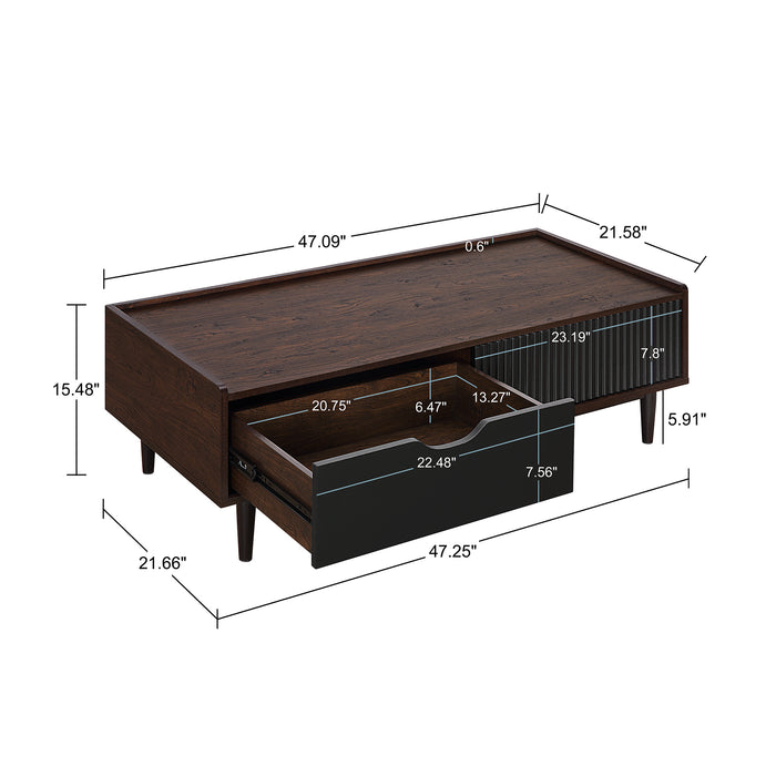 Table à café moderne Duane de Manhattan Comfort avec cannelures, tiroir et tablette - brun foncé et noire