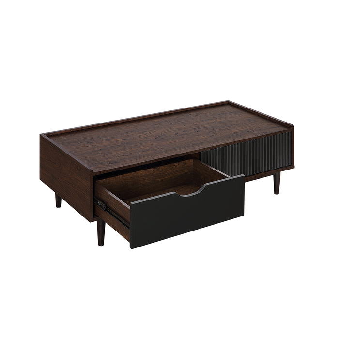 Table à café moderne Duane de Manhattan Comfort avec cannelures, tiroir et tablette - brun foncé et noire