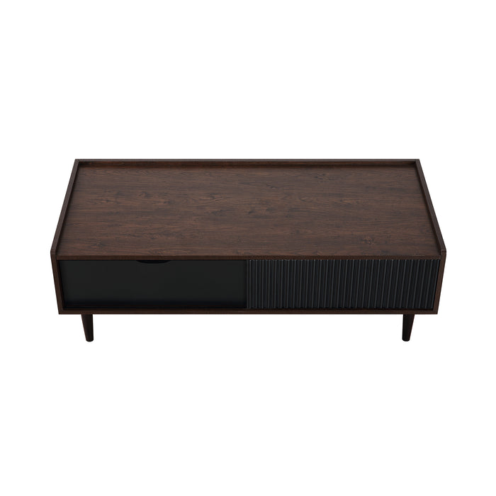 Table à café moderne Duane de Manhattan Comfort avec cannelures, tiroir et tablette - brun foncé et noire