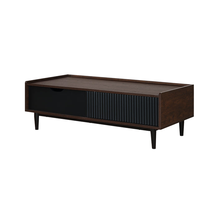 Table à café moderne Duane de Manhattan Comfort avec cannelures, tiroir et tablette - brun foncé et noire