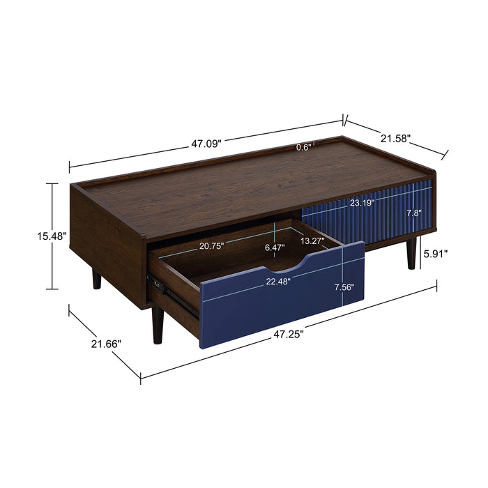 Table à café moderne Duane de Manhattan Comfort avec cannelures, tiroir et tablette - brun foncé et bleu marine