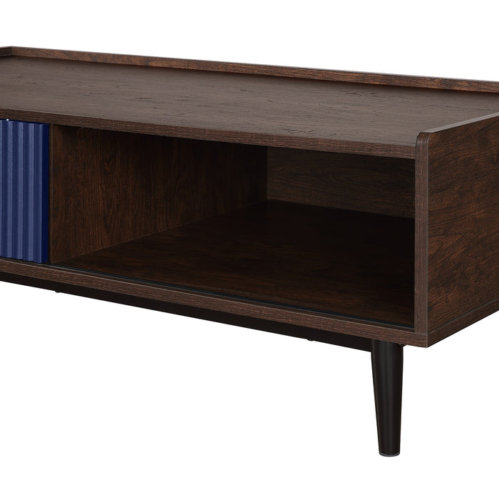 Table à café moderne Duane de Manhattan Comfort avec cannelures, tiroir et tablette - brun foncé et bleu marine