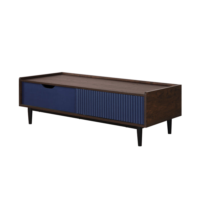 Table à café moderne Duane de Manhattan Comfort avec cannelures, tiroir et tablette - brun foncé et bleu marine