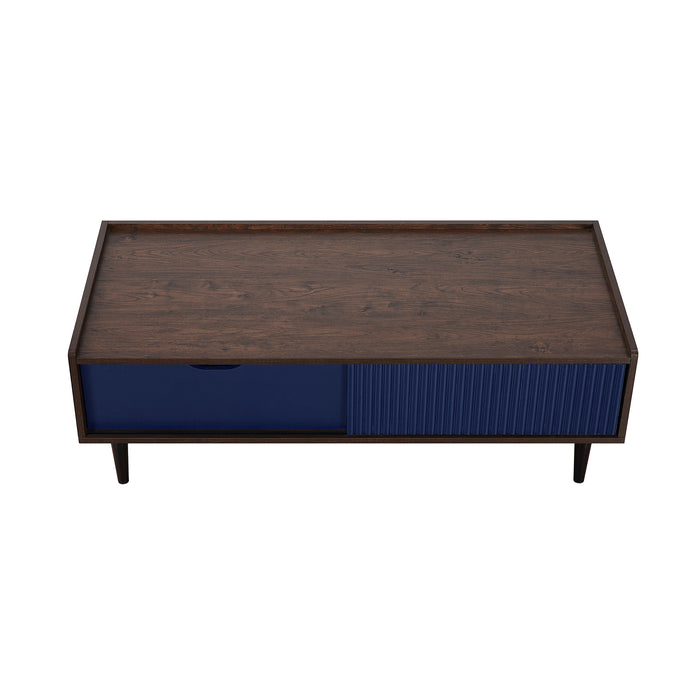 Table à café moderne Duane de Manhattan Comfort avec cannelures, tiroir et tablette - brun foncé et bleu marine