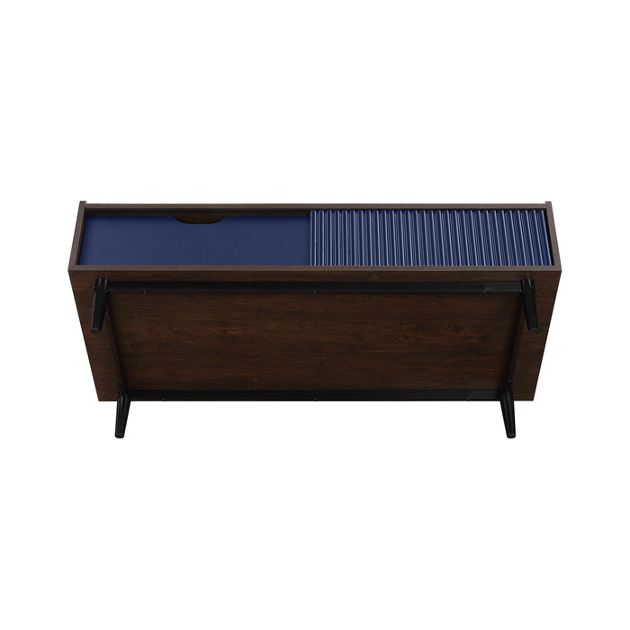Table à café moderne Duane de Manhattan Comfort avec cannelures, tiroir et tablette - brun foncé et bleu marine