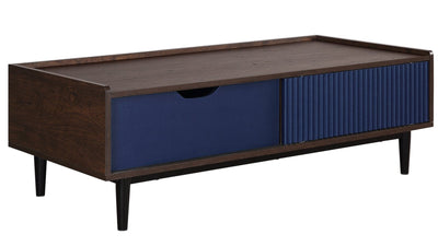 Manhattan Comfort Duane Modern Ribbed Coffee Table with Drawer & Shelf - Dark Brown & Navy Blue|Table à café moderne Duane de Manhattan Comfort avec cannelures, tiroir et tablette - brun foncé et bleu marine