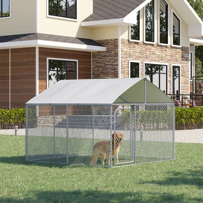 Pawhut Chenil D'exterieur Pour Chien En Metal, Enclos Niche Parc Pour Animaux De Compagnie Avec Serrure En Acier, Parois Laterales En Maille Et Toit, Cour Et Le Patio, 7,5' X 7,5' X 5,7'