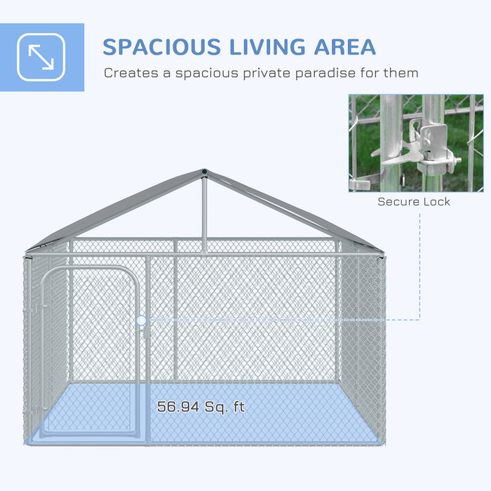 Pawhut Chenil D'exterieur Pour Chien En Metal, Enclos Niche Parc Pour Animaux De Compagnie Avec Serrure En Acier, Parois Laterales En Maille Et Toit, Cour Et Le Patio, 7,5' X 7,5' X 5,7'