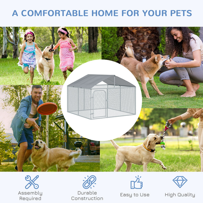 Pawhut Chenil D'exterieur Pour Chien En Metal, Enclos Niche Parc Pour Animaux De Compagnie Avec Serrure En Acier, Parois Laterales En Maille Et Toit, Cour Et Le Patio, 7,5' X 7,5' X 5,7'