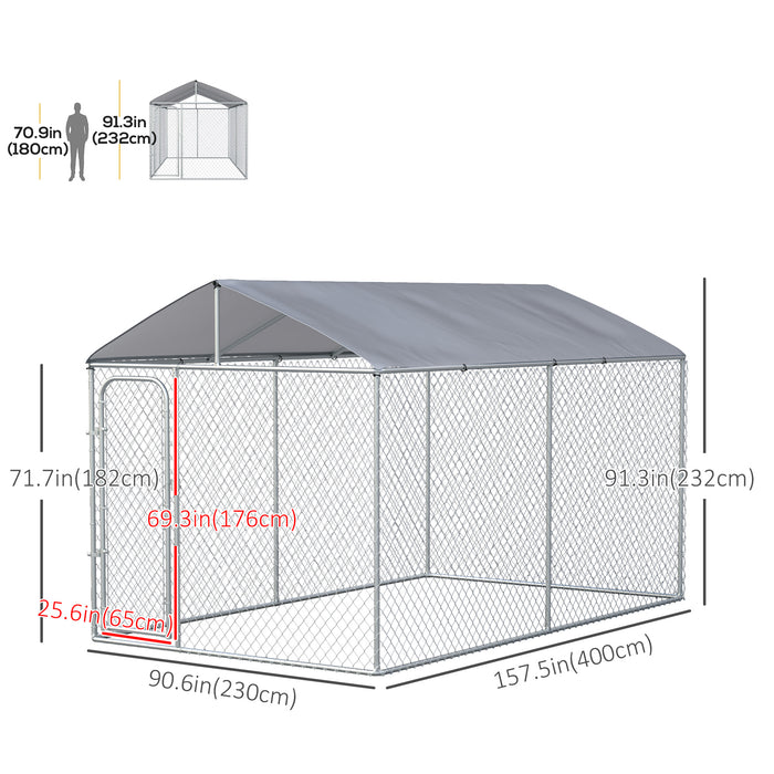 Pawhut Chenil Pour Chien Robuste Avec Parois Laterales En Maille, Verrouillage Securise En Acier Galvanise Et Couverture Etanche Pour Jardin Et Terrasse, 13' X 7,5' X 7,5'