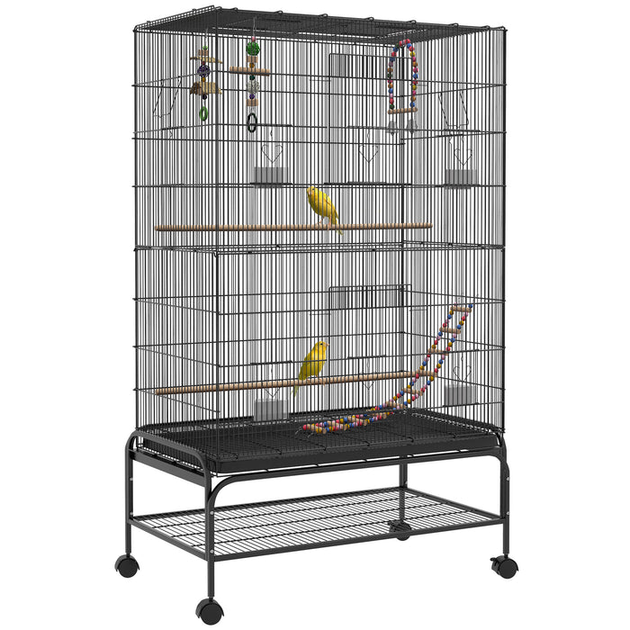 Pawhut Cage A Oiseaux Ouverte De 63\" Pour Perruches Canaris Inseparables Pinsons Avec Support Roulant, Jouets, Plateau Amovible, Etagere De Rangement