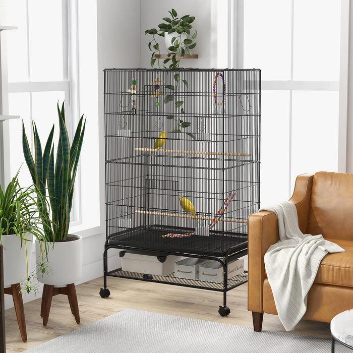 Pawhut Cage A Oiseaux Ouverte De 63\" Pour Perruches Canaris Inseparables Pinsons Avec Support Roulant, Jouets, Plateau Amovible, Etagere De Rangement