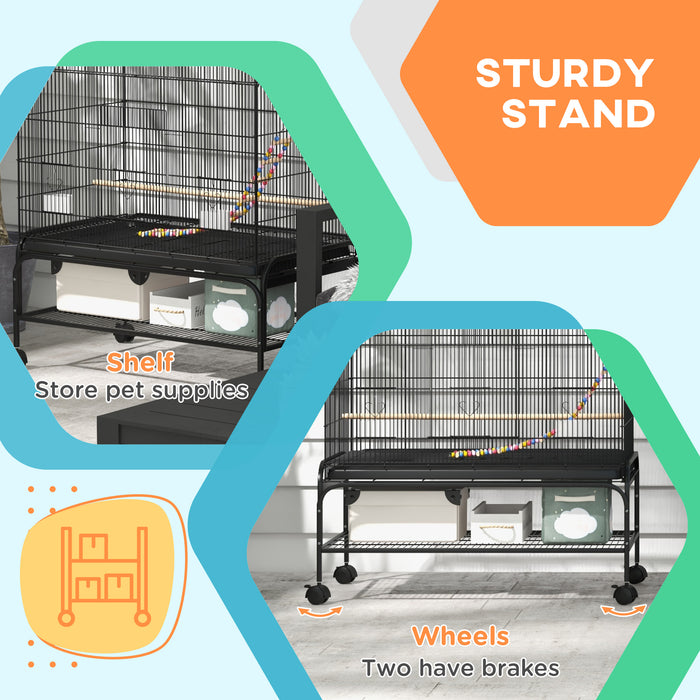 Pawhut Cage A Oiseaux Ouverte De 63\" Pour Perruches Canaris Inseparables Pinsons Avec Support Roulant, Jouets, Plateau Amovible, Etagere De Rangement